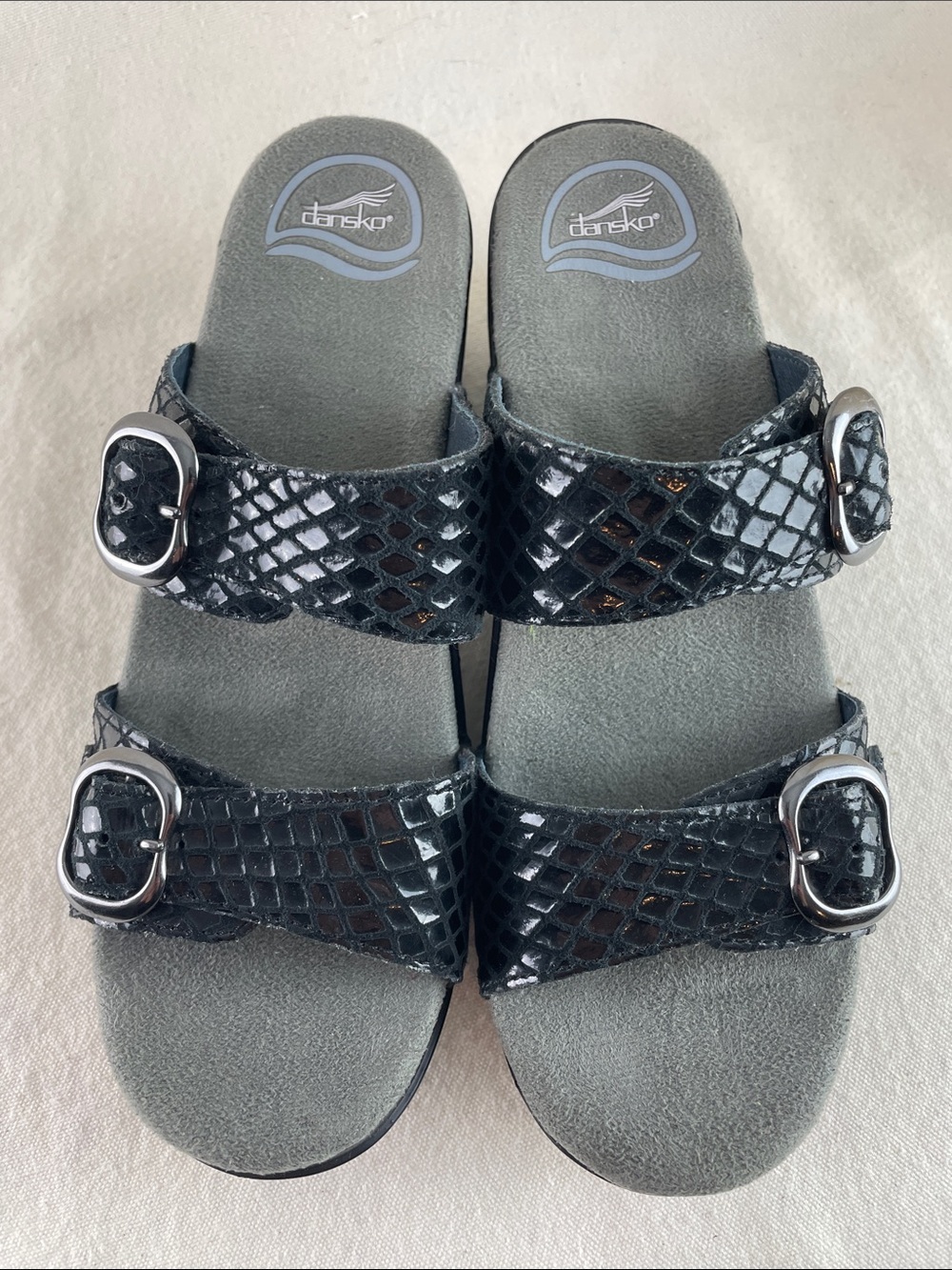 Dansko Black Snake-Embossed Double Buckle Slide Sandals Size 7.5 (38)